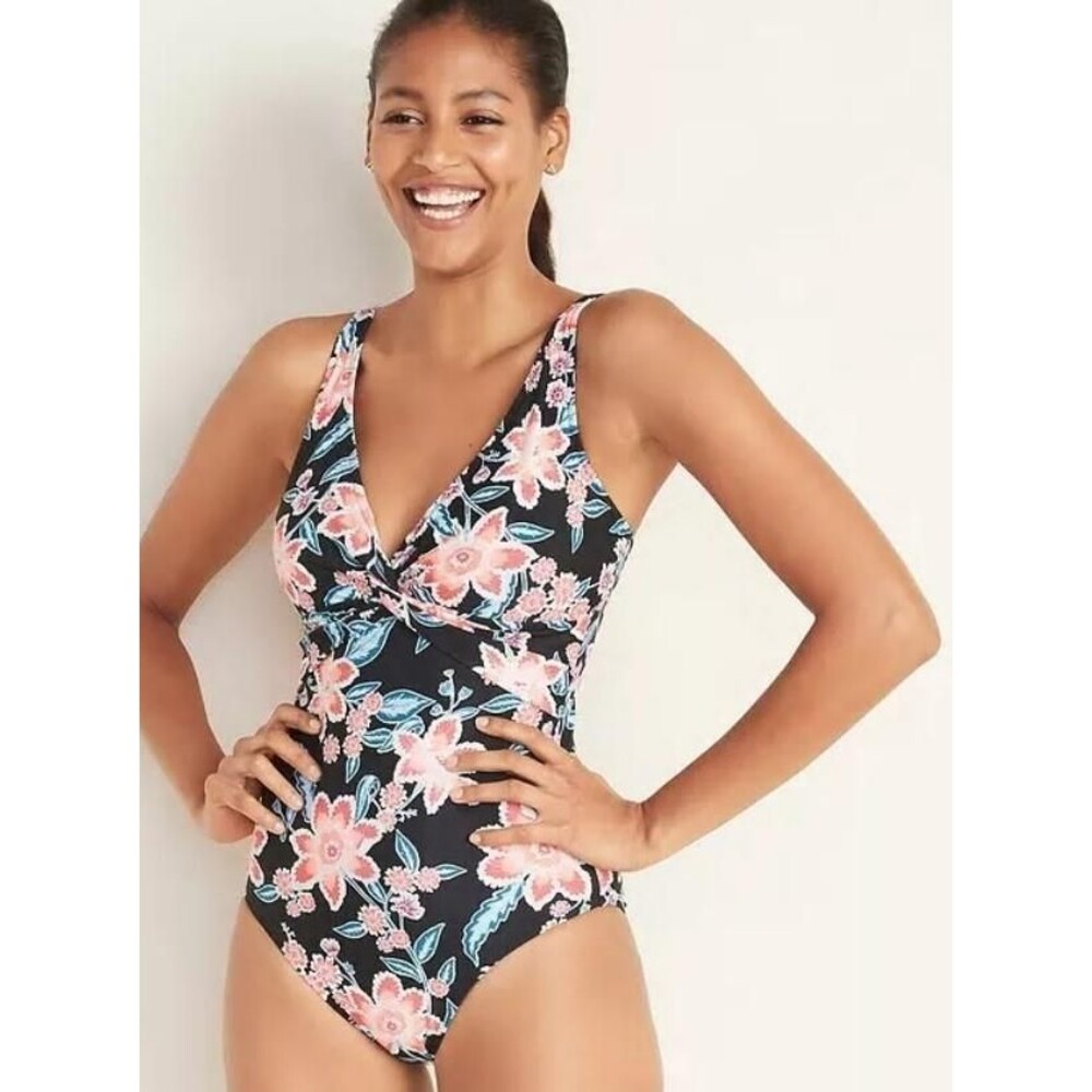 OLD NAVY Black Floral Sz 10 Beach Pool Removable Pads 1 Pc Swim Suit